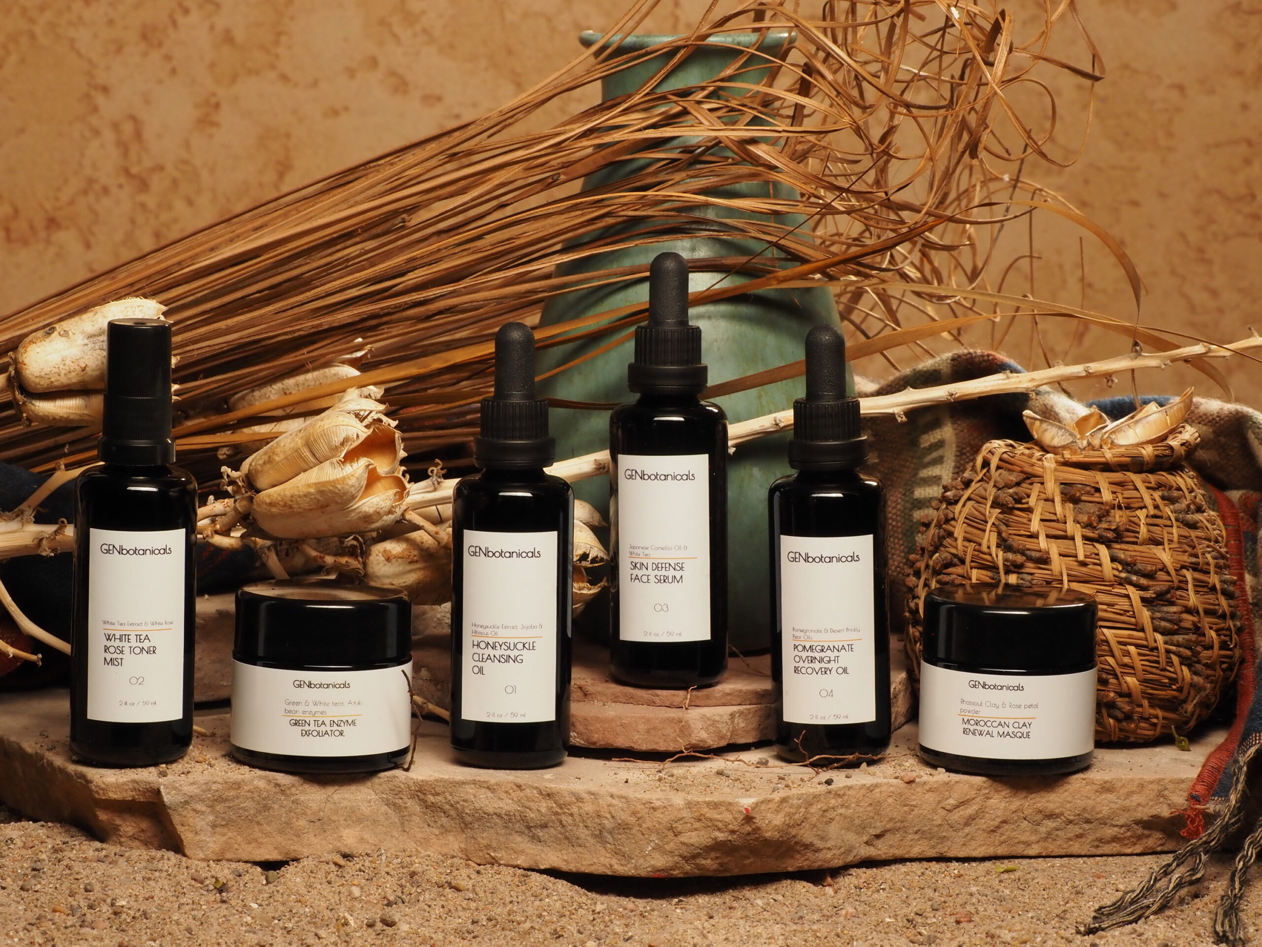 desert skincare collection with desert background